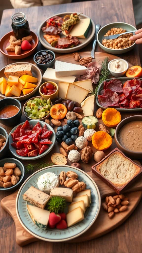 A beautifully arranged charcuterie board with various cheeses, meats, fruits, nuts, and dips.