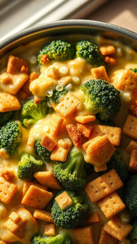 A close-up of broccoli casserole topped with crackers and cheese