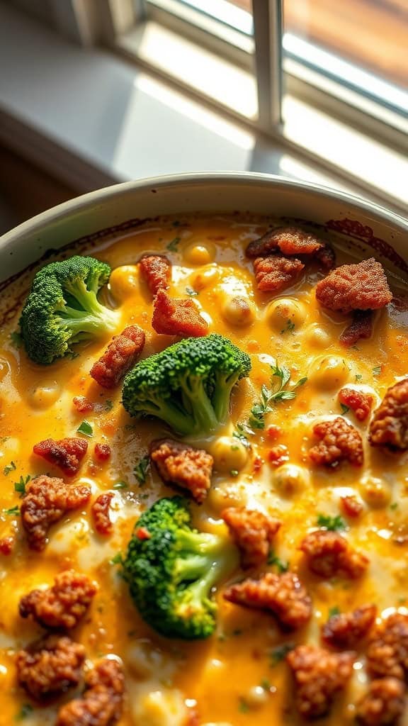 A close-up of a broccoli cheese casserole with crispy toppings and vibrant colors.