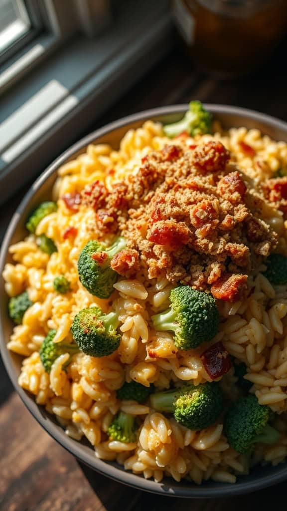 A bowl of broccoli rice casserole topped with crunchy bits.