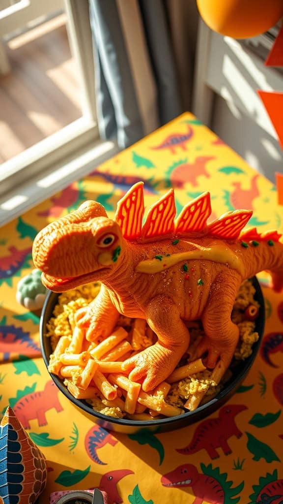 A fun and colorful dish of mac and cheese with dino-shaped pasta, perfect for a dinosaur-themed birthday party.