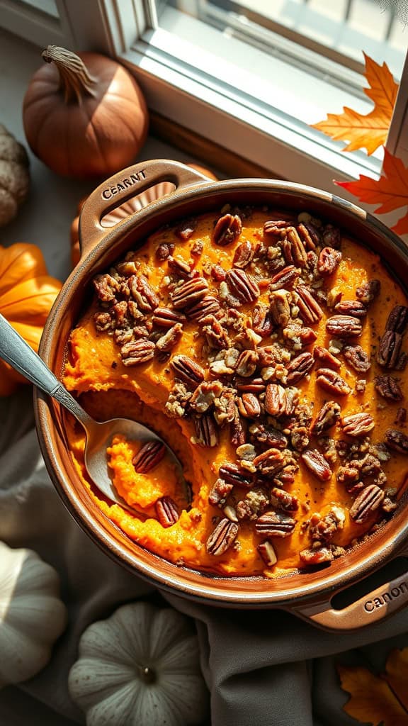 A delicious brown sugar pecan sweet potato casserole with a crunchy topping.