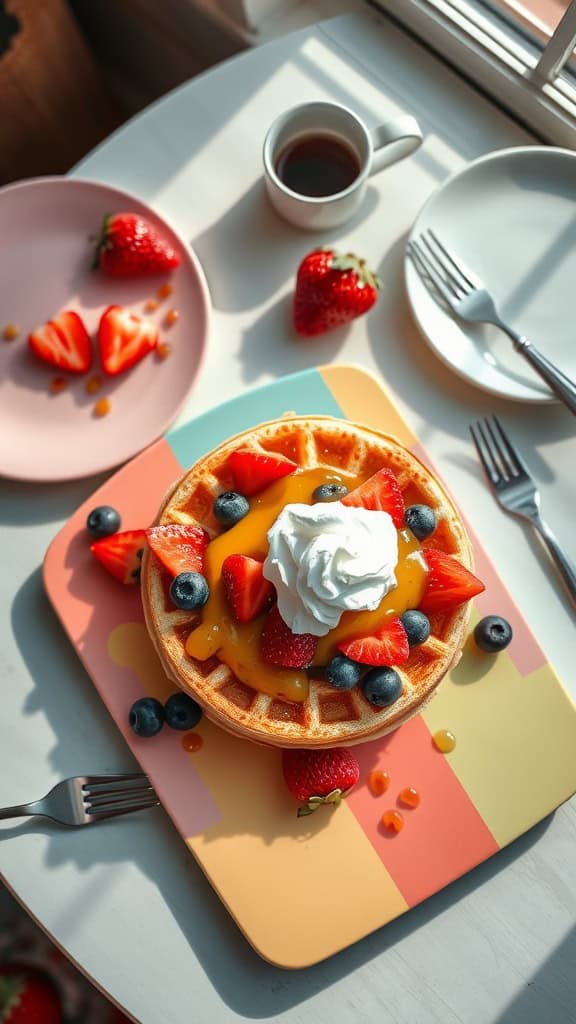 A colorful brunch platter featuring mini pancakes and waffles topped with strawberries, blueberries, whipped cream, and syrup.