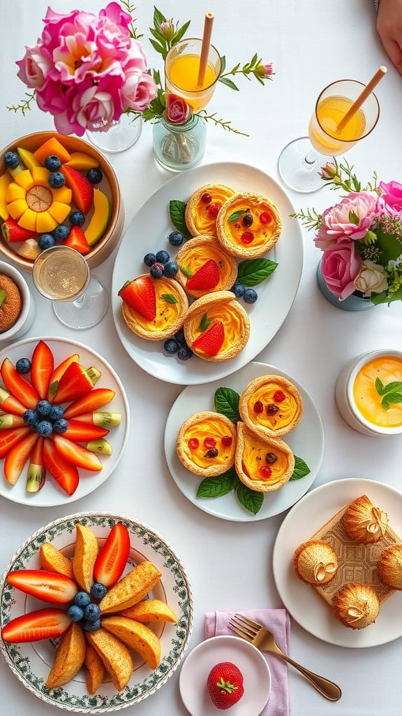 A beautifully arranged brunch table featuring mini fruit tarts and fresh fruit platters.