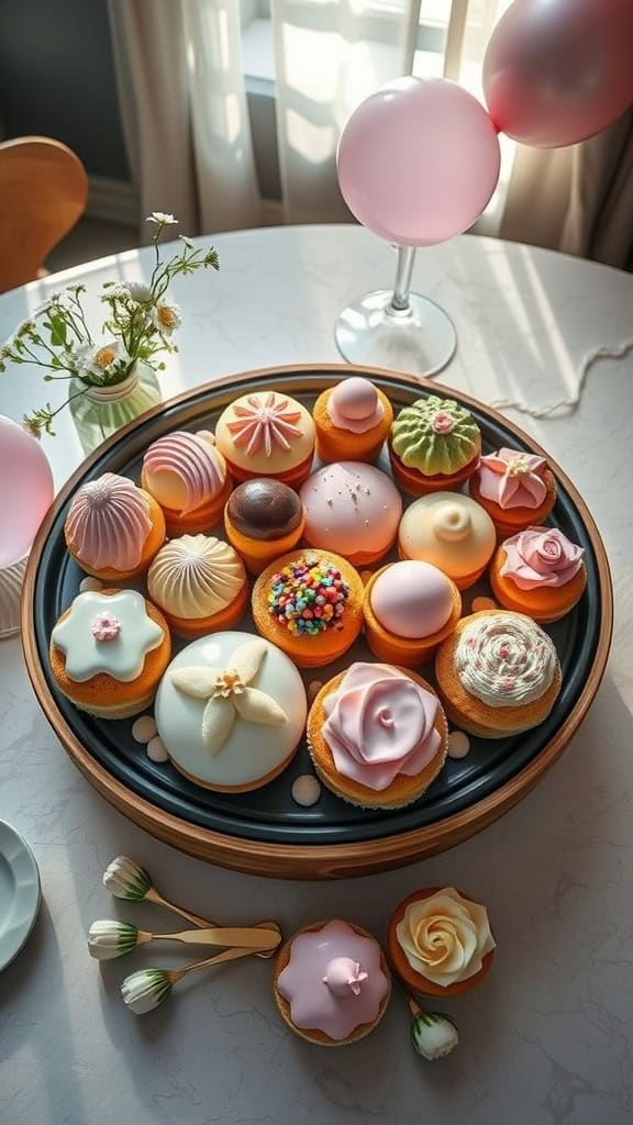 A colorful platter of pastel-glazed pastries for a gender reveal party.