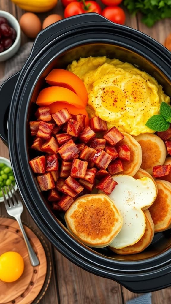 Crockpot breakfast casserole with eggs, cheese, and vegetables.