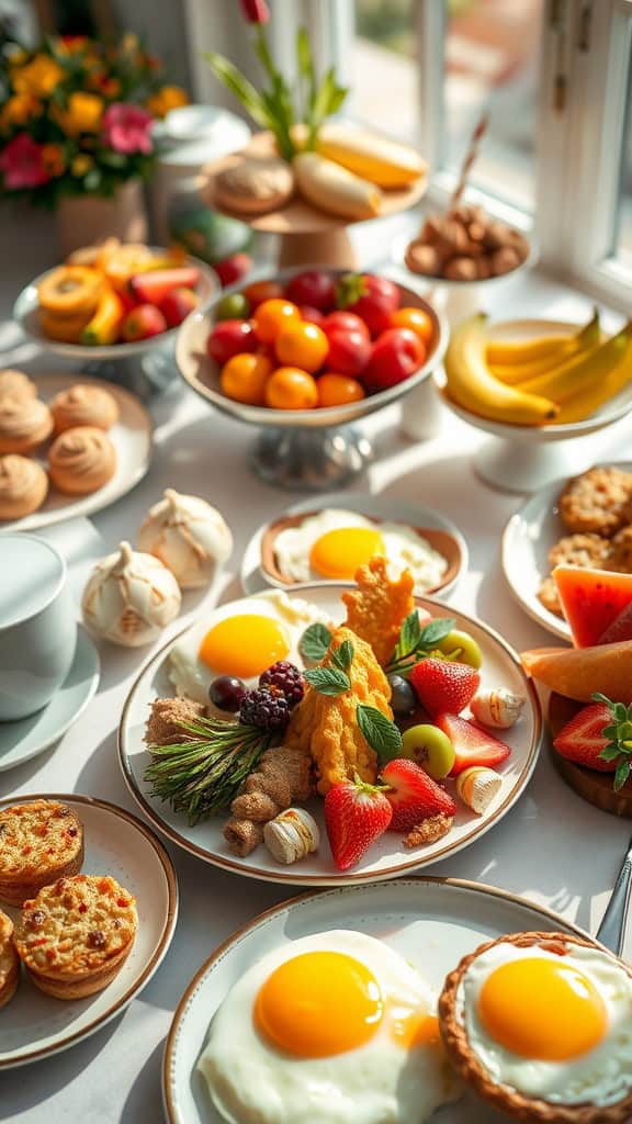 Brunch buffet display featuring pastries, egg dishes, and fresh fruit.