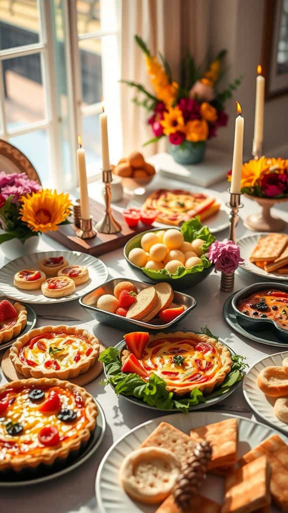 A beautifully arranged brunch buffet with a variety of dishes including quiches, pastries, and fresh fruits.