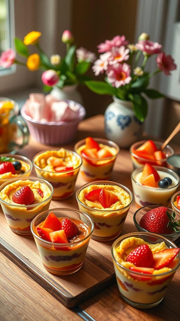 Colorful cups filled with layered fruit parfaits, showcasing yogurt, granola, and fresh berries, perfect for a brunch party.