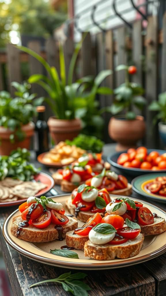 A plate of bruschetta topped with tomatoes, mozzarella, and basil.