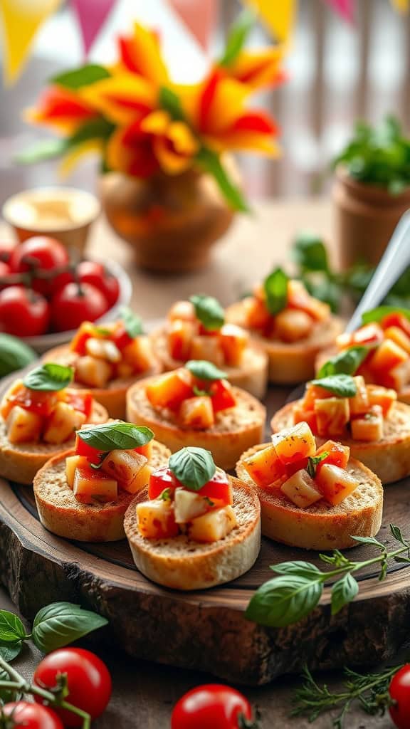 Bruschetta cups with tomato and basil topping on a wooden platter