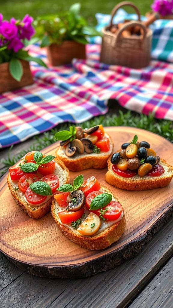 A wooden platter displaying three types of bruschetta topped with fresh ingredients.