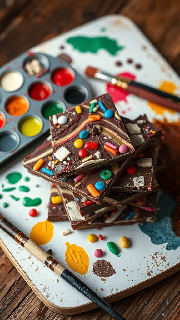 Colorful brushstroke chocolate bark with sprinkles and toppings