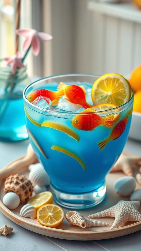 A bright blue punch with gummy fish and lemon slices, ideal for a birthday party.