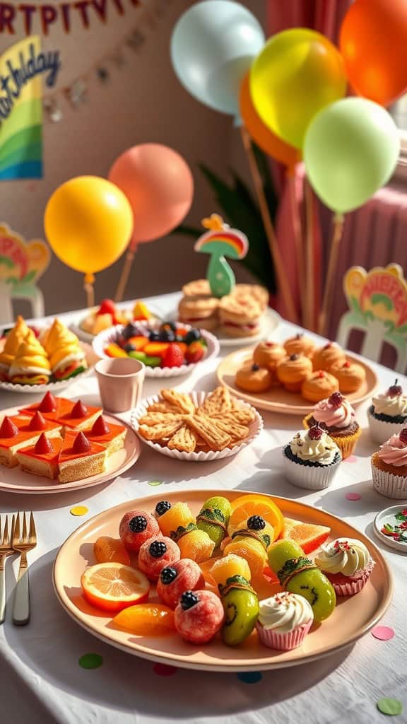 A colorful fruit platter with various fruits arranged beautifully for a birthday party.