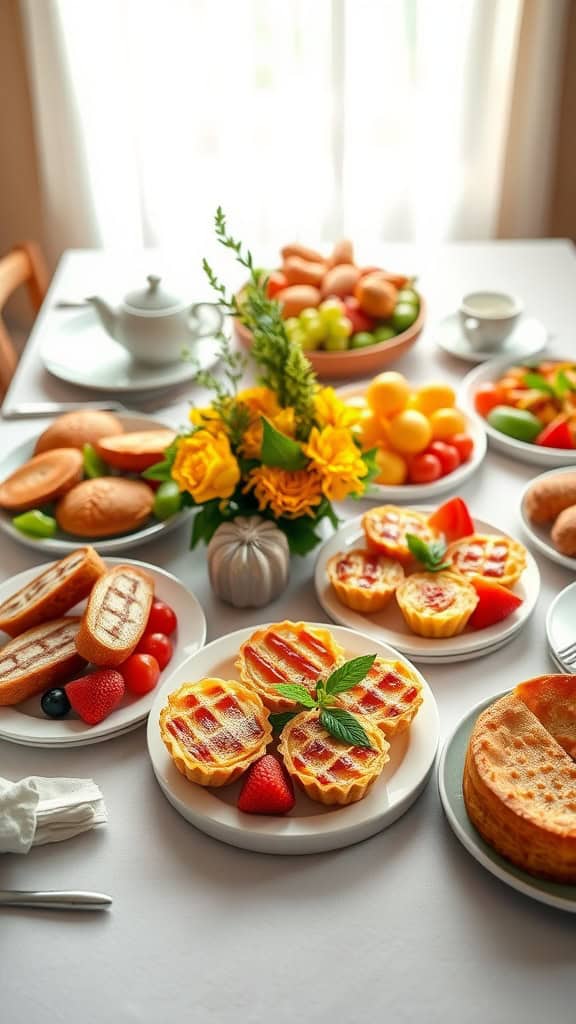 Fruit tarts with assorted fresh fruits on a table filled with brunch foods.