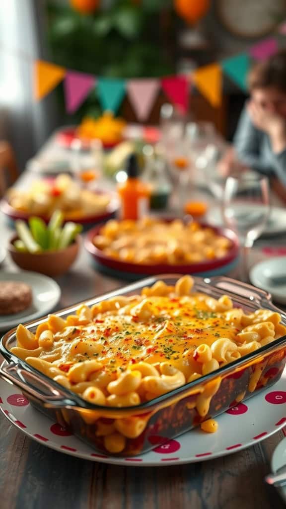 A delicious baked mac and cheese dish on a festive table