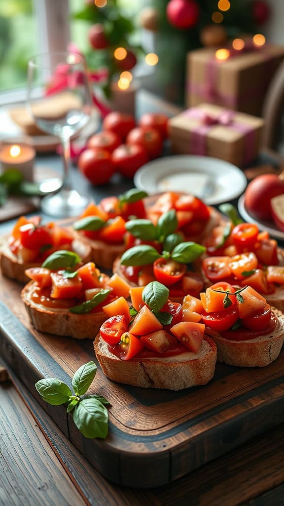 Bruschetta with tomato and basil on toasted bread slices