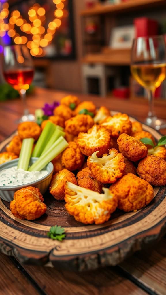 A platter of buffalo cauliflower bites with celery sticks and dipping sauce