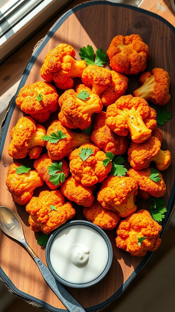 A platter of buffalo cauliflower poppers garnished with parsley, served with a creamy dip