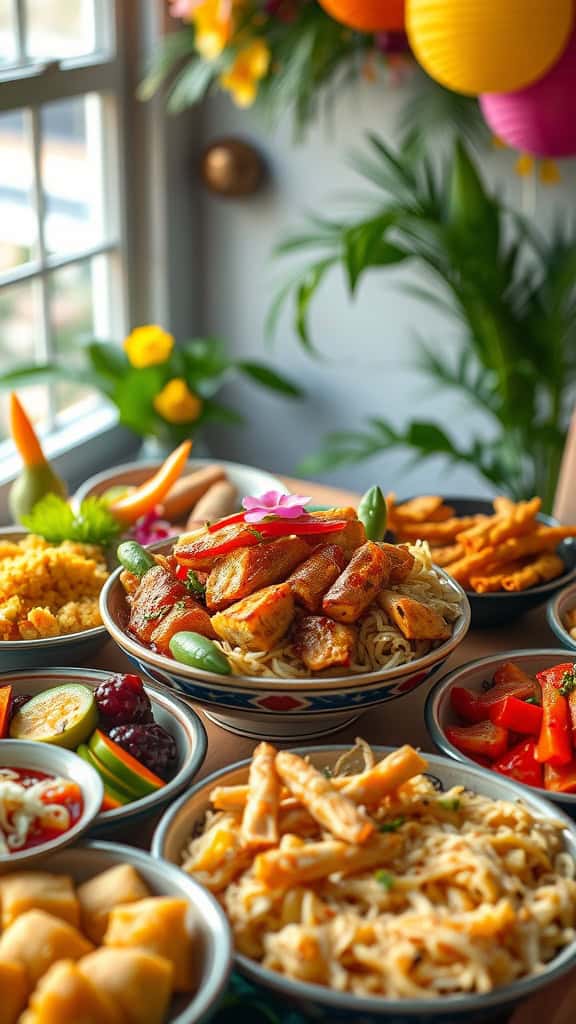 A spread of colorful and delicious Filipino party food featuring chicken, vegetables, and rice dishes.