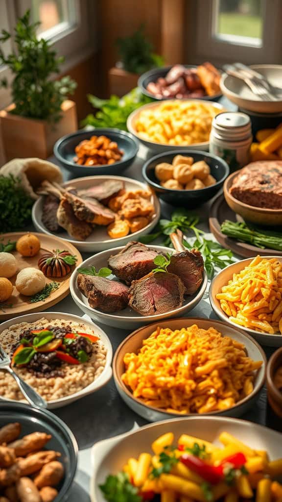 A variety of hearty buffet dishes including roasted beef and creamy macaroni and cheese.