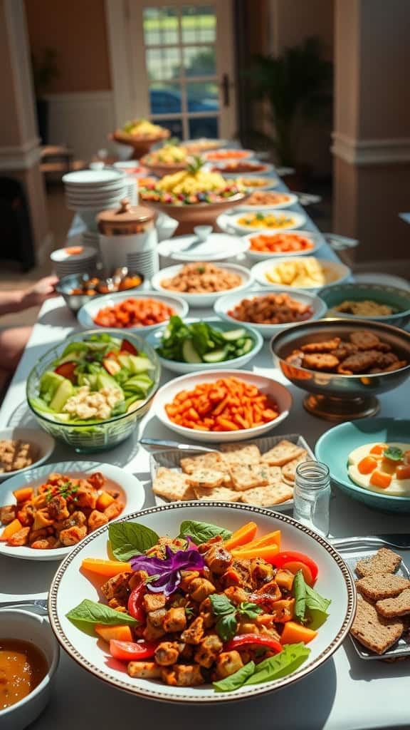 A vibrant buffet featuring a variety of salads, dips, and appetizers ready for a large gathering.