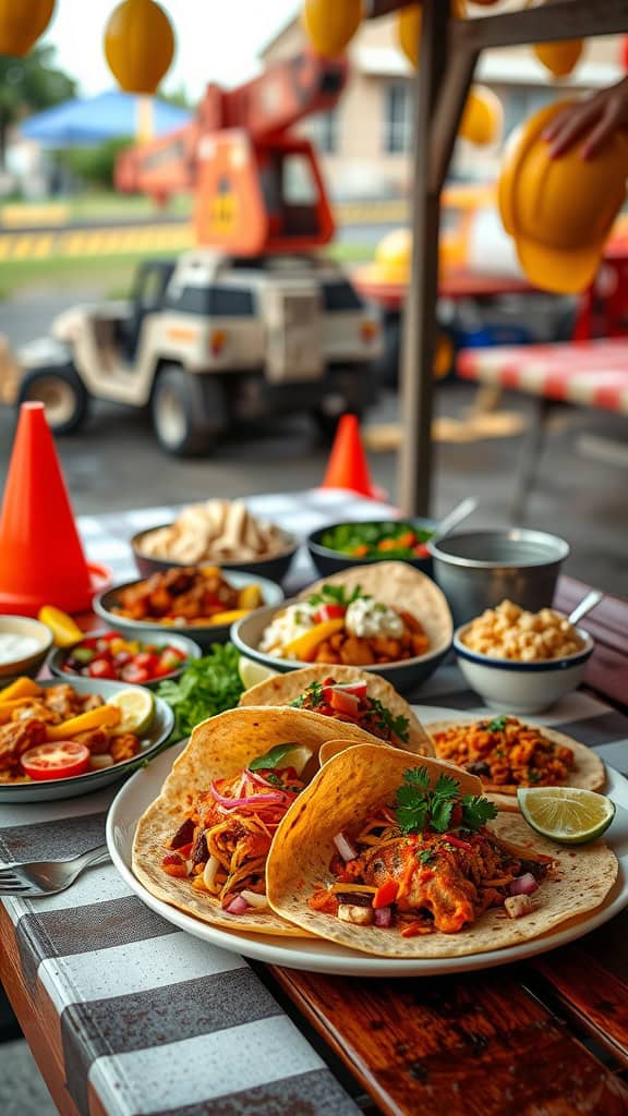 A lively taco bar with various toppings and tortillas for a fun party.