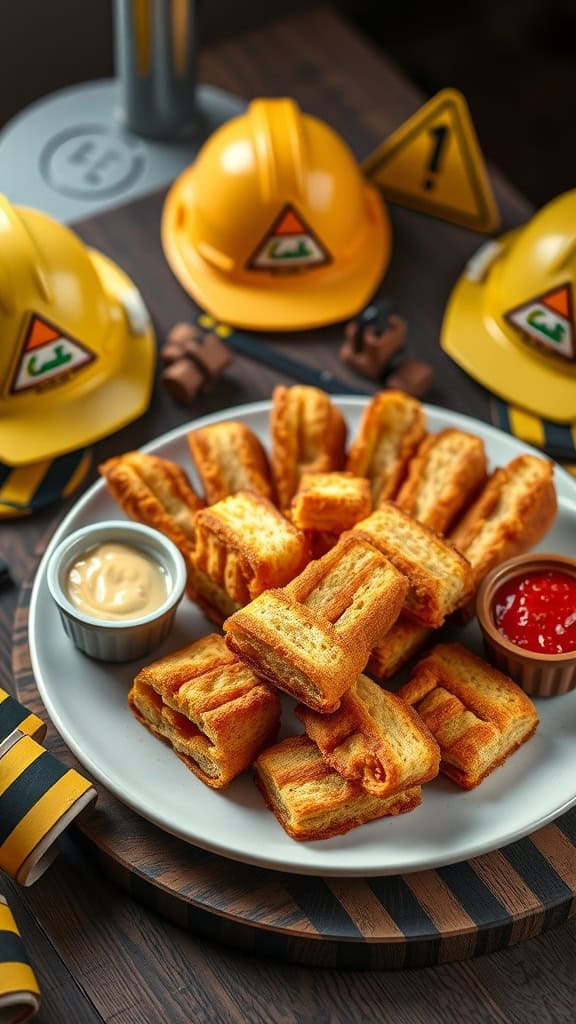 Bulldozer-shaped breadsticks served with marinara and cheese dip