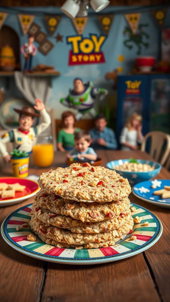 A plate of oatmeal haystacks decorated with colorful sprinkles, inspired by the Toy Story theme.