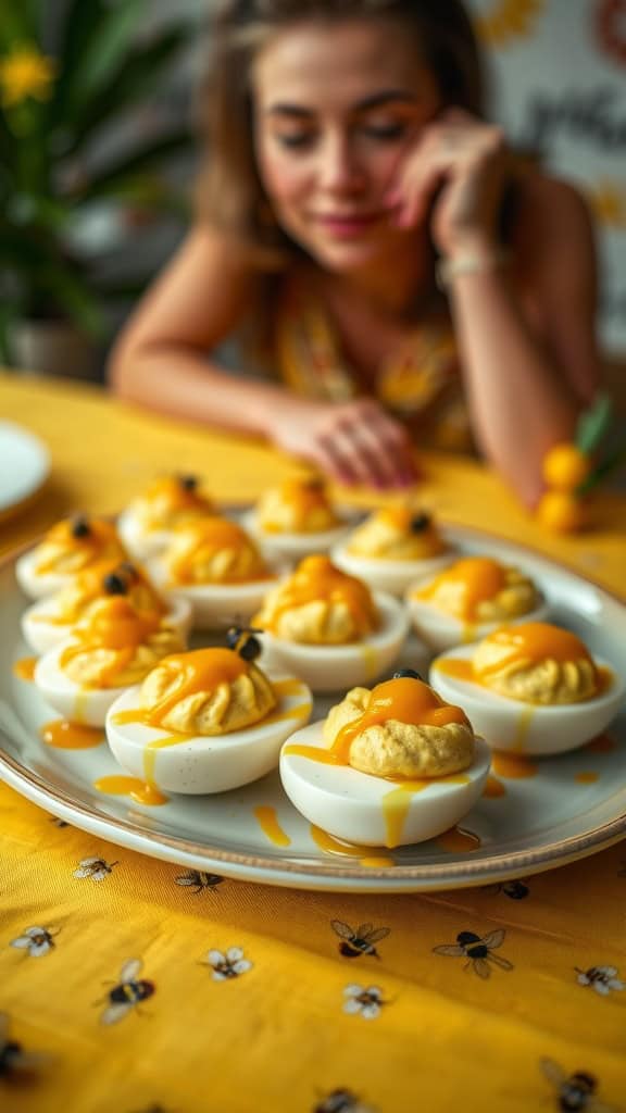 Bumble Bee Deviled Eggs with Mustard and Honey on a plate