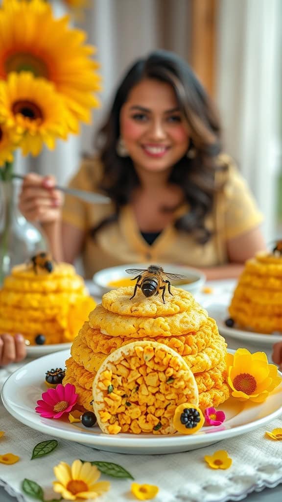 Bumblebee themed Rice Krispie treats shaped like hives