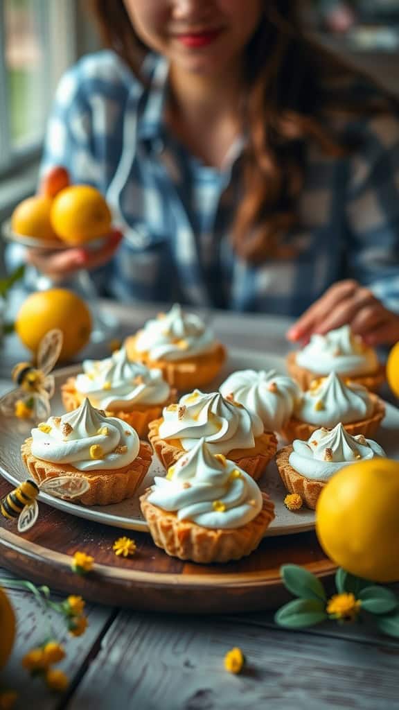 A plate of lemon and honey meringue tarts with a decorative touch, ideal for a bee-themed party.