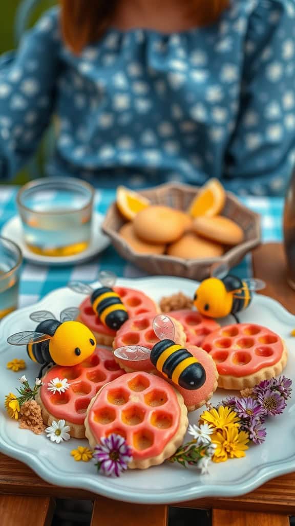 Decorative bee-themed sugar cookies with royal icing.