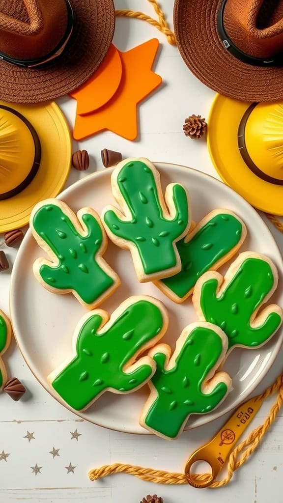 Cactus-shaped sugar cookies with vibrant green icing on a plate, perfect for a cowboy-themed party.