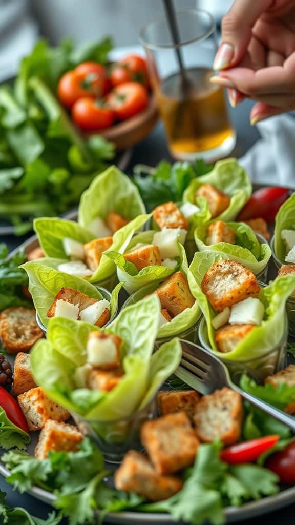 Crisp romaine lettuce cups filled with croutons, Parmesan cheese, and Caesar dressing ready for a party.