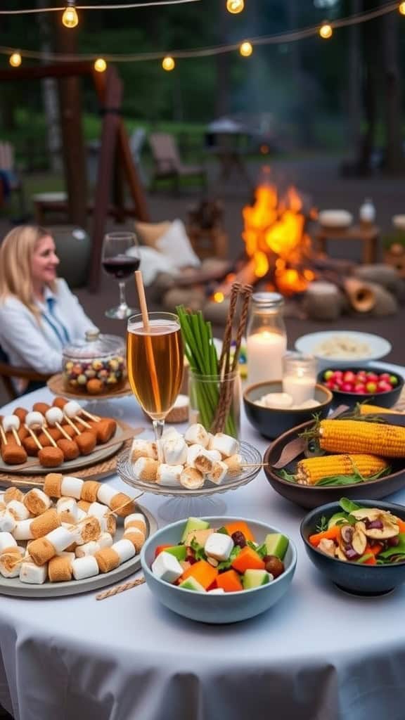 A variety of campfire-themed foods including grilled corn, roasted marshmallows, and fresh veggies for a bachelorette party.