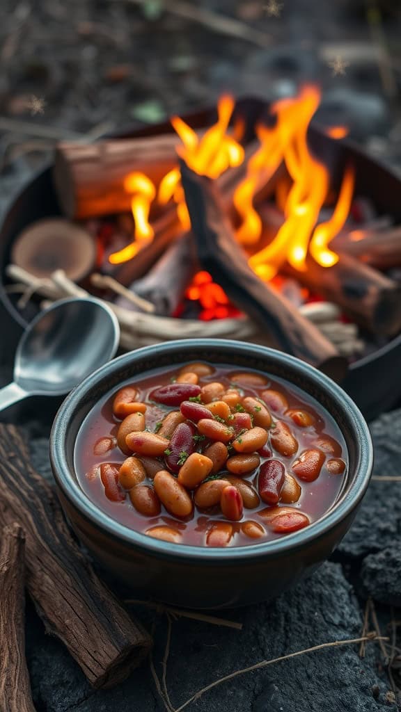 A bowl of campfire cowboy beans served beside a campfire.