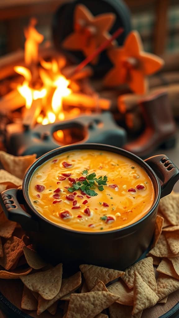 A delicious bowl of Campfire Cowboy Queso Dip surrounded by tortilla chips, perfect for a cowboy-themed gathering.