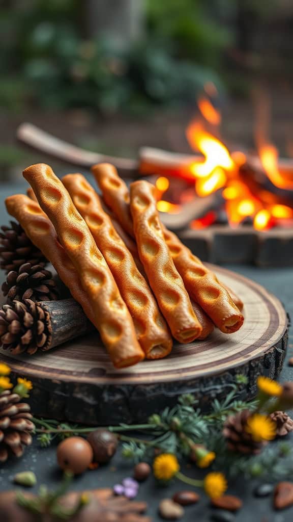 A close-up of crunchy pretzel sticks arranged on a wooden platter, surrounded by nature-themed decorations.