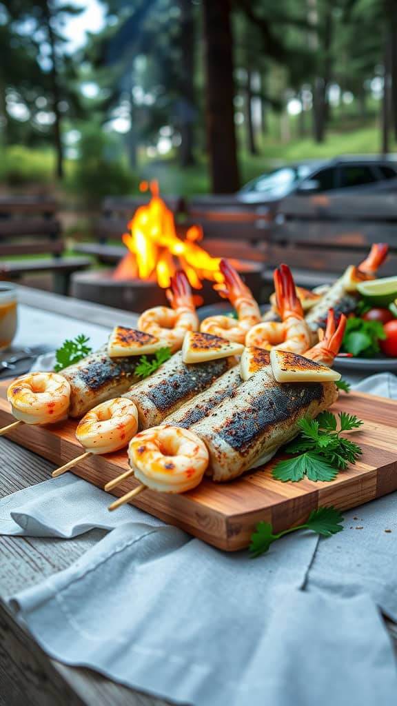 Camping-themed fish party skewers with grilled shrimp, garnished with parsley and lemon.