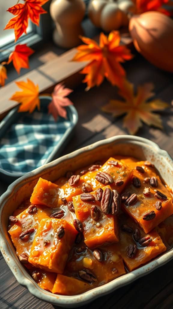 A delicious candied sweet potato casserole topped with pecans, showcasing a rich caramel glaze.