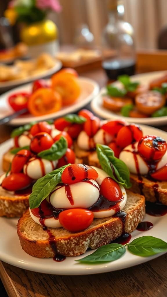 Caprese bruschetta with tomatoes, mozzarella, and basil on toasted bread, drizzled with balsamic reduction.