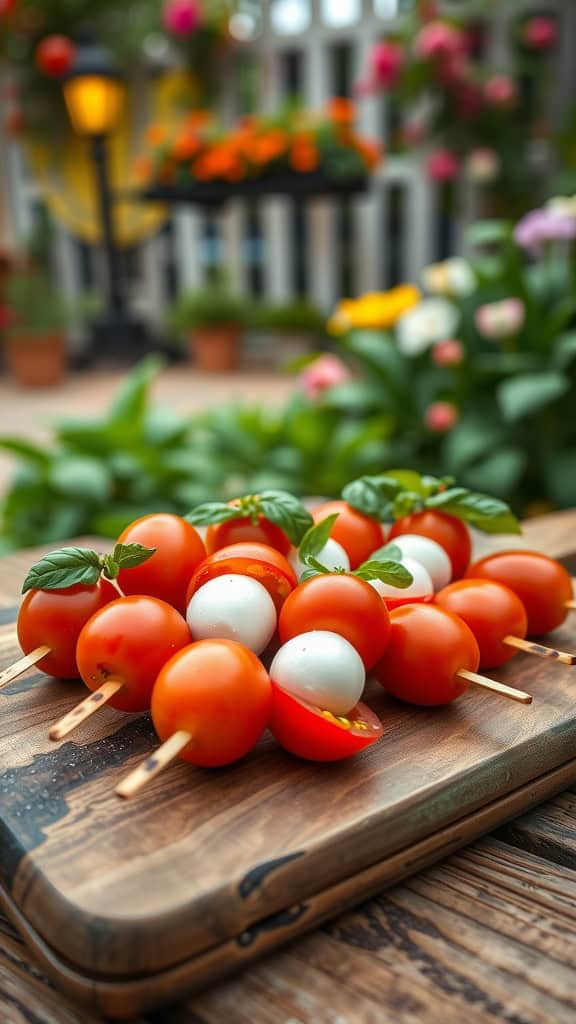 Caprese skewers with cherry tomatoes, mozzarella balls, and basil on a wooden board.