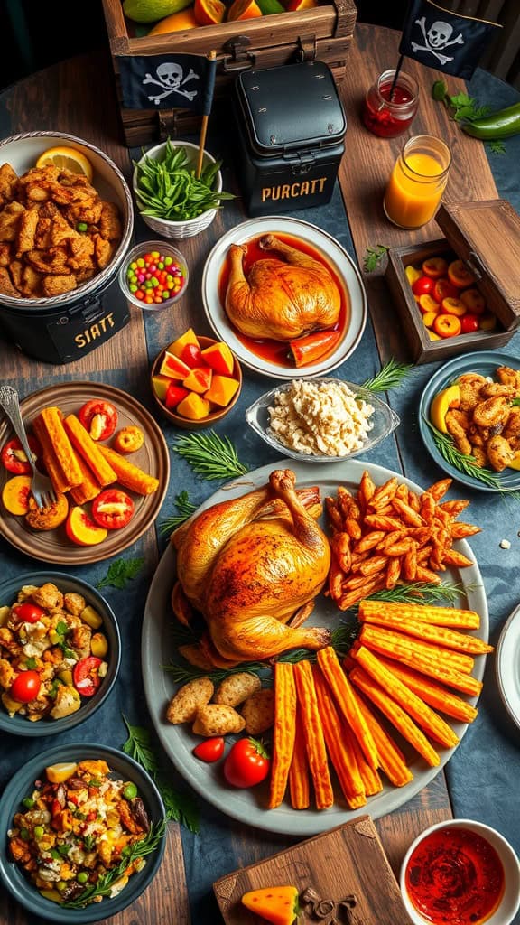 A delicious pirate-themed dinner spread featuring roast chicken, sweet potato fries, and colorful salads.