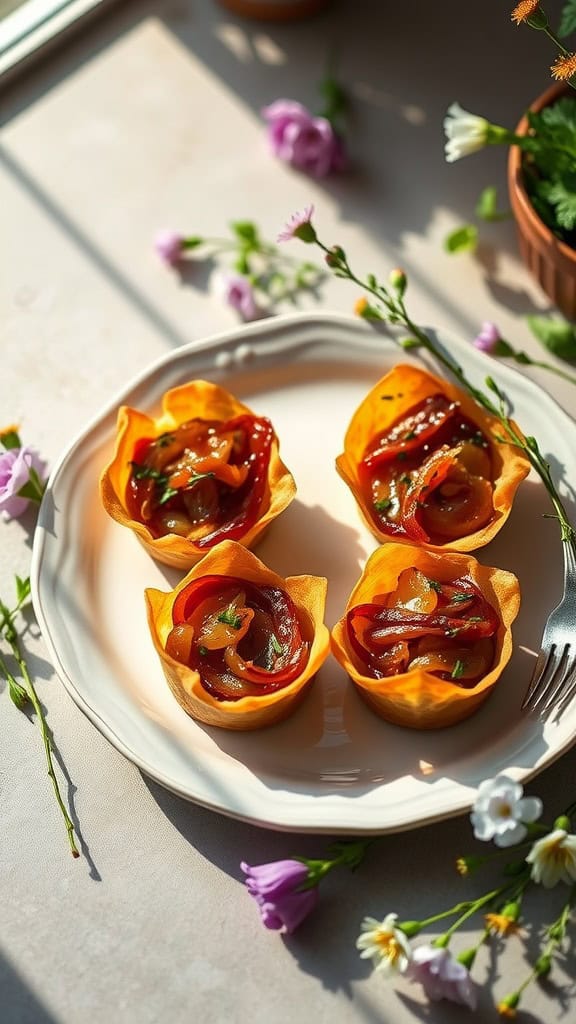 Caramelized Onion & Brie Phyllo Cups served on a plate