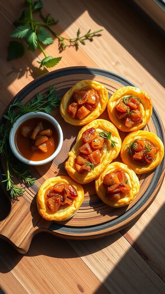 Caramelized onion and brie puff pastry bites on a wooden platter.