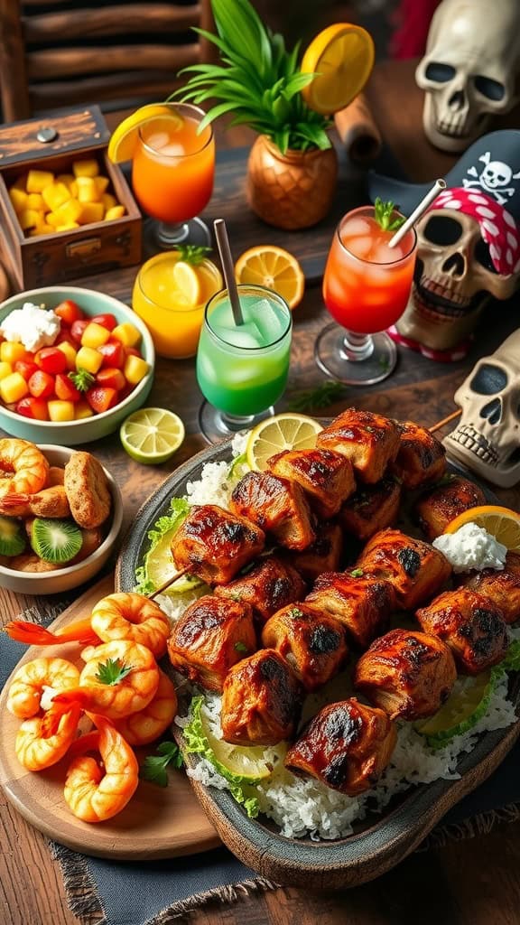 Caribbean-inspired skewers of shrimp and chicken with tropical fruits and drinks