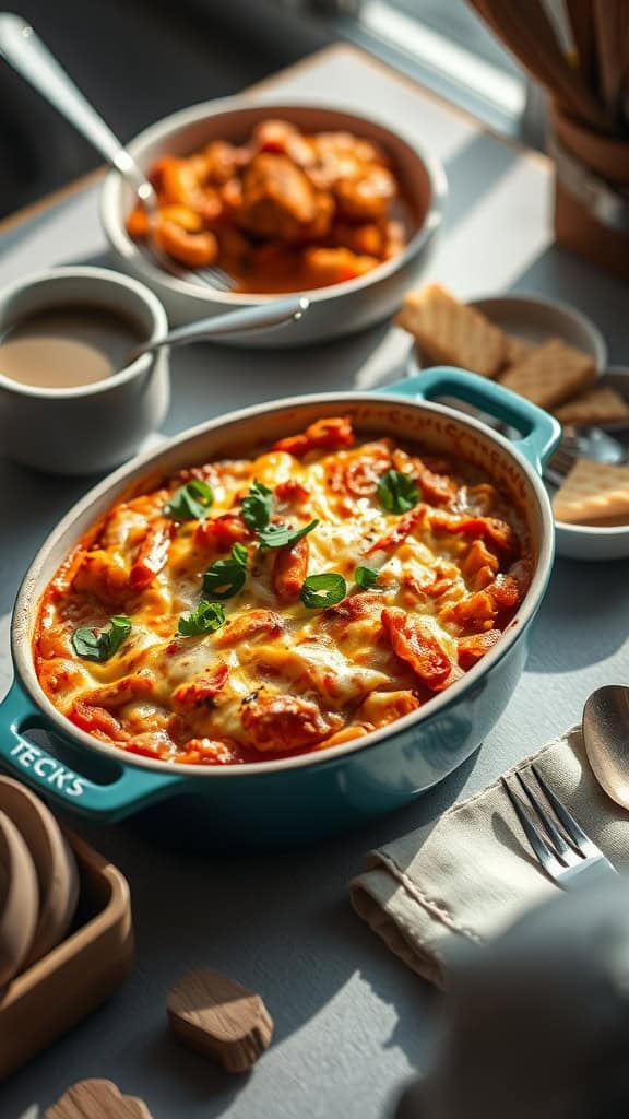 A cheesy pasta casserole dish topped with fresh herbs, surrounded by bowls of food and a cozy dining setup.