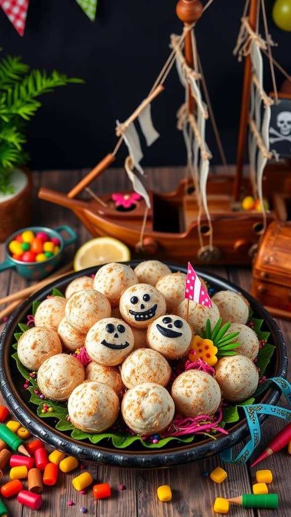 A plate of coconut balls decorated with smiling faces, perfect for a pirate-themed party.